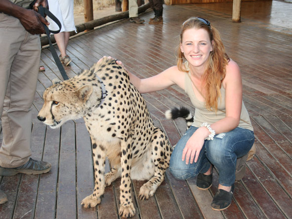 Leanne Rodney - meeting Sylvester the cheetah at Victoria Falls